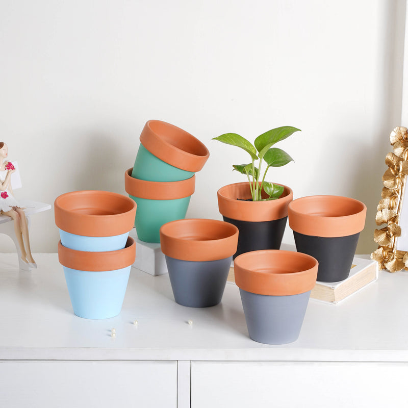 Brown Rim Black Clay Pot Set Of 2 - Indoor planters and flower pots | Home decor items