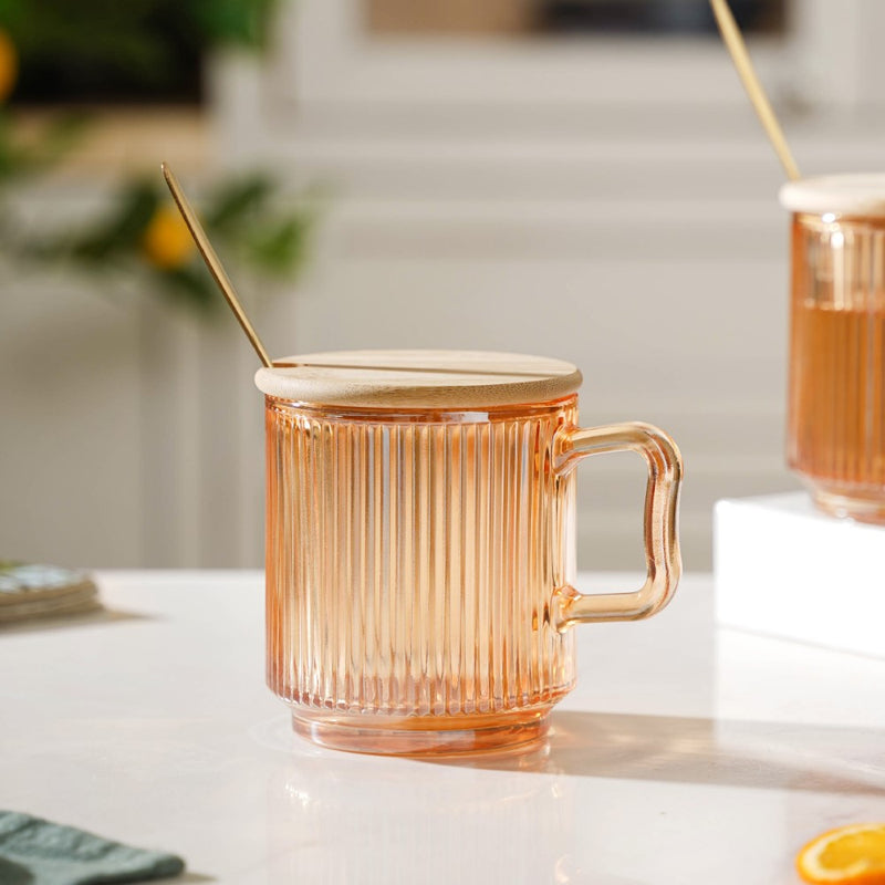 Aurora Ribbed Amber Glass Mug With Lid And Spoon Set Of 2 350 ml- Mug for coffee, tea mug, cappuccino mug | Cups and Mugs for Coffee Table & Home Decor