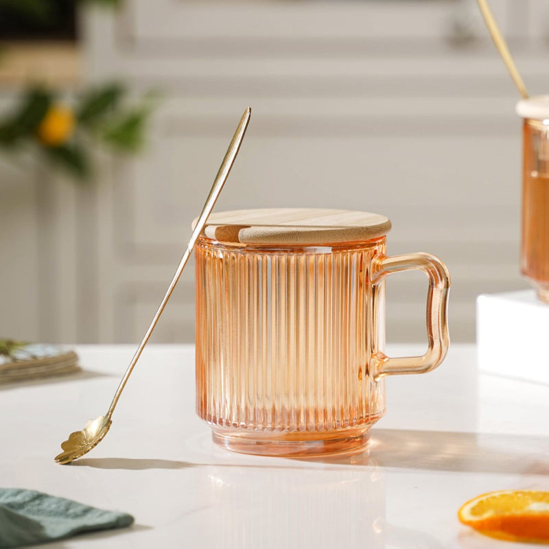 Aurora Ribbed Amber Glass Mug With Lid And Spoon Set Of 2 350 ml- Mug for coffee, tea mug, cappuccino mug | Cups and Mugs for Coffee Table & Home Decor
