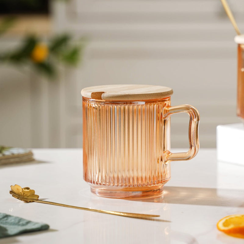 Aurora Ribbed Amber Glass Mug With Lid And Spoon Set Of 2 350 ml- Mug for coffee, tea mug, cappuccino mug | Cups and Mugs for Coffee Table & Home Decor