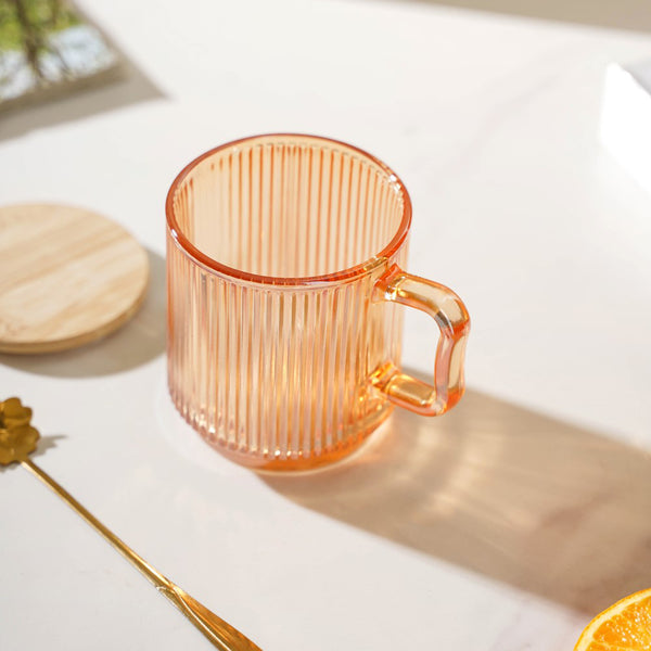 Aurora Ribbed Amber Glass Mug With Lid And Spoon Set Of 2 350 ml- Mug for coffee, tea mug, cappuccino mug | Cups and Mugs for Coffee Table & Home Decor