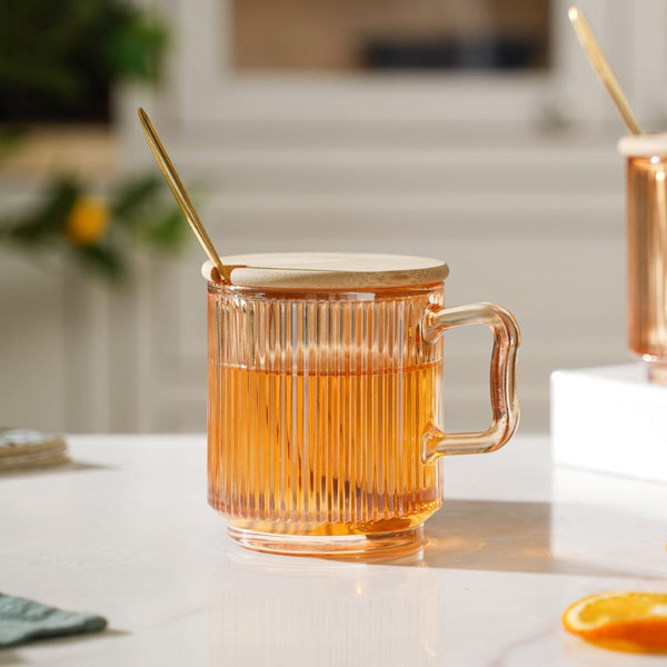 Aurora Ribbed Amber Glass Mug With Lid And Spoon Set Of 2 350 ml- Mug for coffee, tea mug, cappuccino mug | Cups and Mugs for Coffee Table & Home Decor