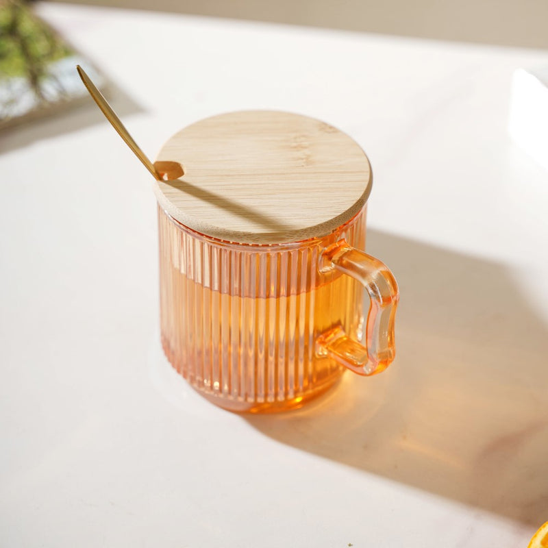 Aurora Ribbed Amber Glass Mug With Lid And Spoon Set Of 2 350 ml- Mug for coffee, tea mug, cappuccino mug | Cups and Mugs for Coffee Table & Home Decor