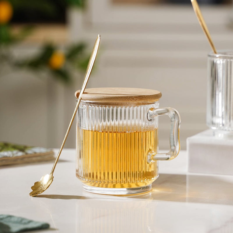 Aurora Transparent Glass Mug With Lid And Spoon Set Of 2 350 ml- Mug for coffee, tea mug, cappuccino mug | Cups and Mugs for Coffee Table & Home Decor