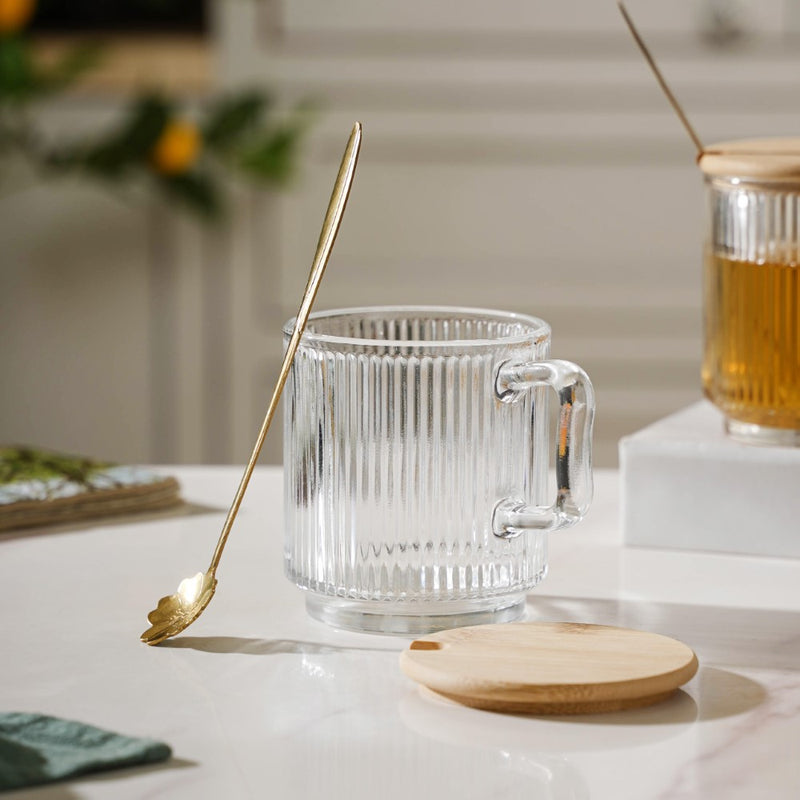 Aurora Transparent Glass Mug With Lid And Spoon Set Of 2 350 ml- Mug for coffee, tea mug, cappuccino mug | Cups and Mugs for Coffee Table & Home Decor