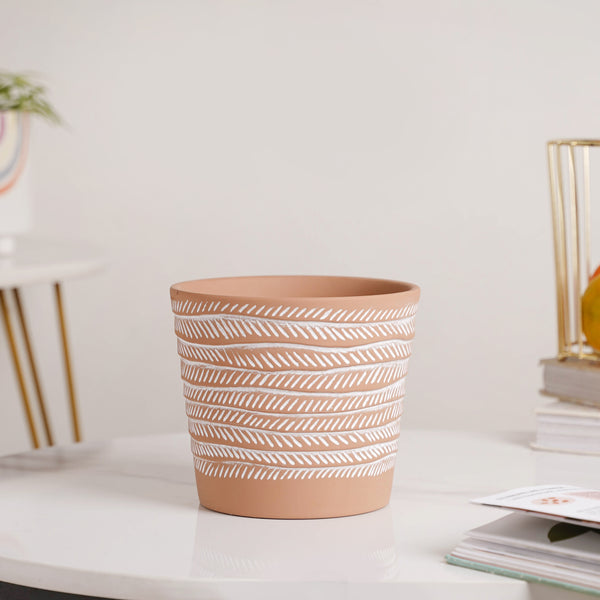White Abstract Lines Brown Pot - Indoor planters and flower pots | Home decor items
