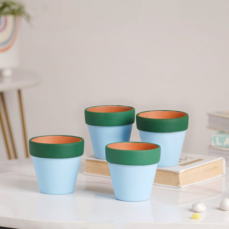 Green Rim Sky Blue Mini Pot Set Of 4 - Indoor planters and flower pots | Home decor items