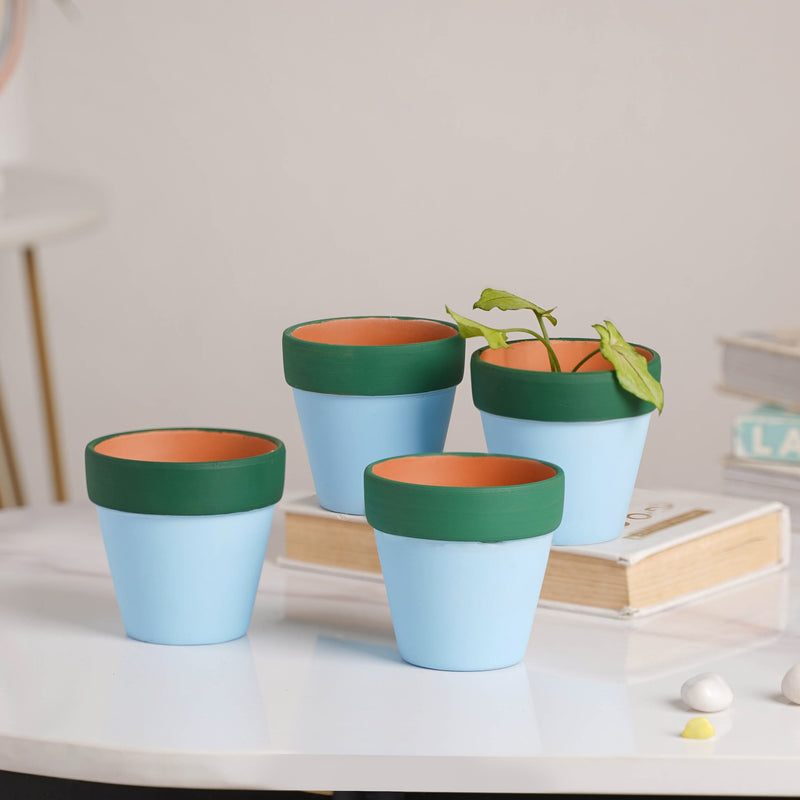 Green Rim Sky Blue Mini Pot Set Of 4 - Indoor planters and flower pots | Home decor items