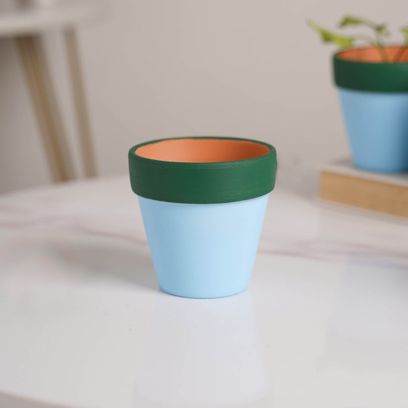 Green Rim Sky Blue Mini Pot Set Of 4 - Indoor planters and flower pots | Home decor items