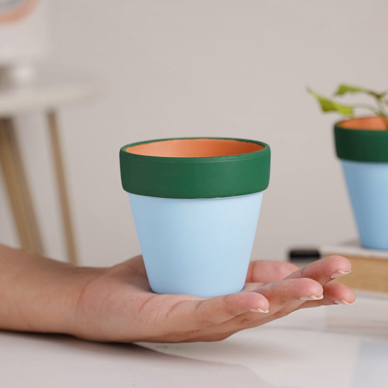 Green Rim Sky Blue Mini Pot Set Of 4 - Indoor planters and flower pots | Home decor items