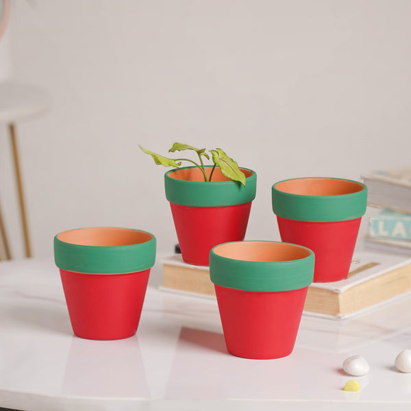 Green Rim Red Mini Clay Pot Set Of 4 - Indoor planters and flower pots | Home decor items