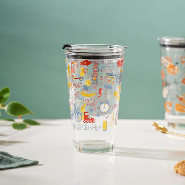Quirky Glass Tumbler With Lid 400 ml | Nestasia
