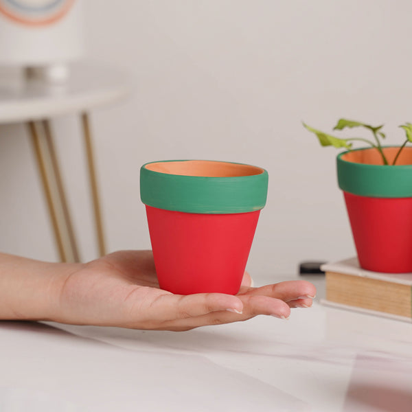 Green Rim Red Mini Clay Pot Set Of 4 - Indoor planters and flower pots | Home decor items