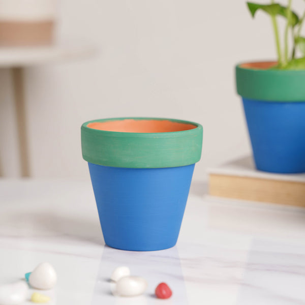Green Rim Blue Clay Pot Set Of 4 - Indoor planters and flower pots | Home decor items