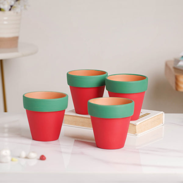Green Rim Red Clay Pot Set Of 4 - Indoor planters and flower pots | Home decor items