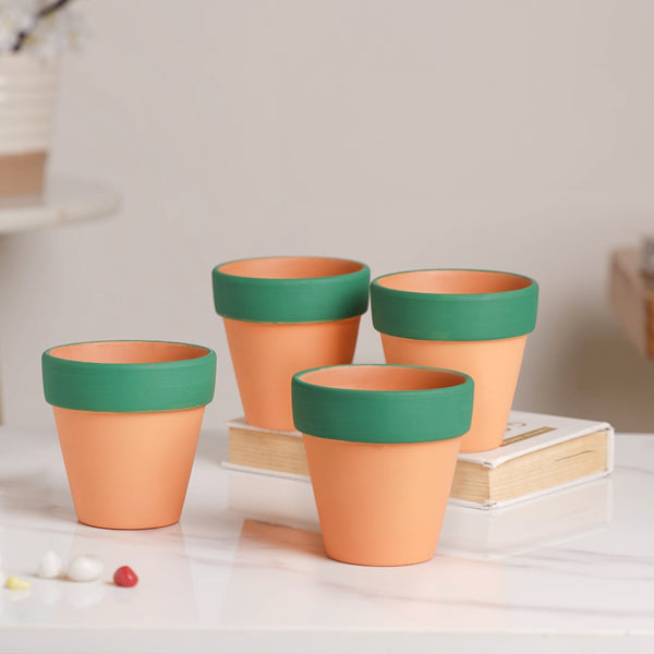 Green Rim Orange Clay Pot Set Of 4