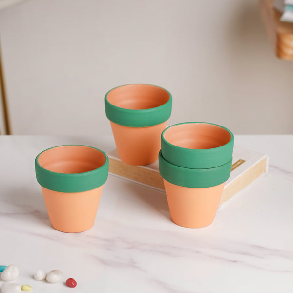 Green Rim Orange Clay Pot Set Of 4