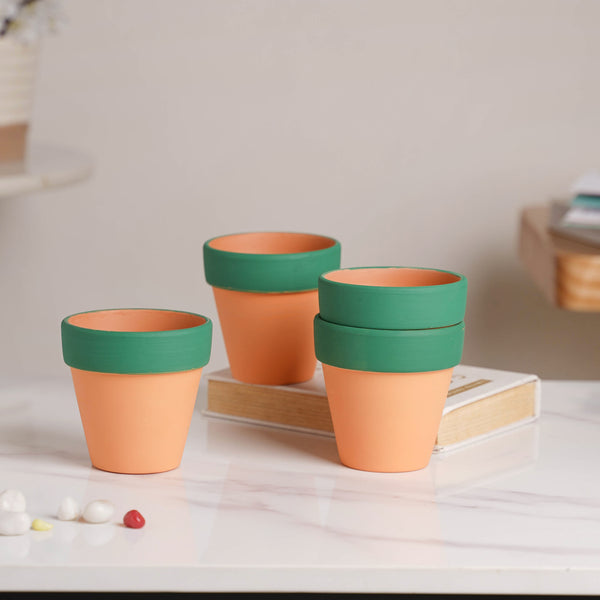 Green Rim Orange Clay Pot Set Of 4