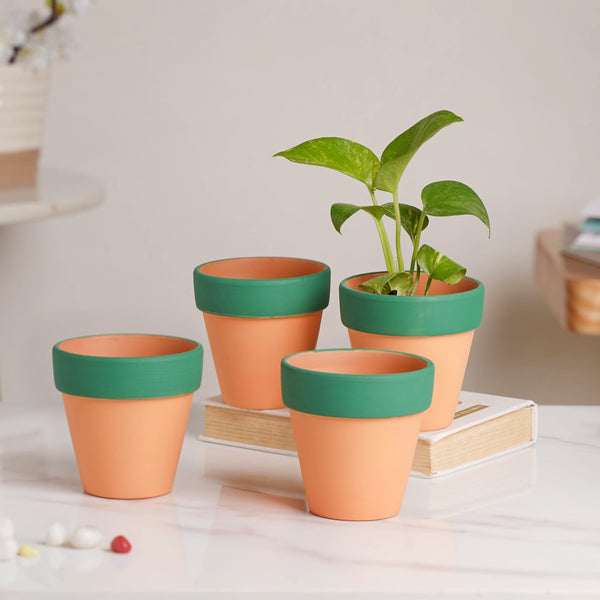 Green Rim Orange Clay Pot Set Of 4