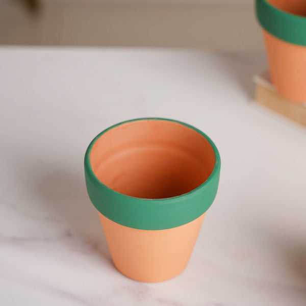 Green Rim Orange Clay Pot Set Of 4