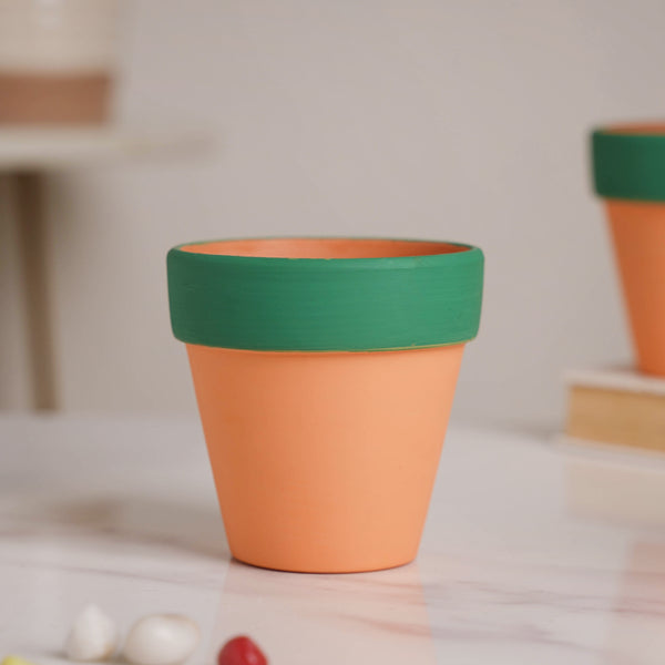 Green Rim Orange Clay Pot Set Of 4