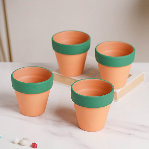 Green Rim Orange Clay Pot Set Of 4