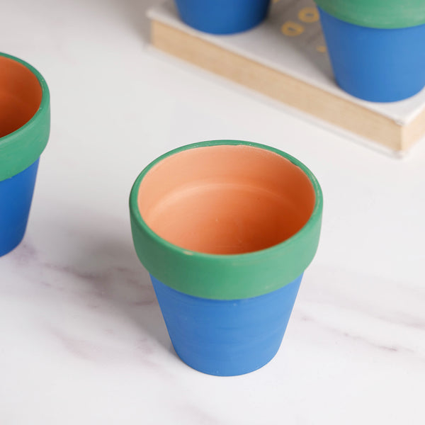 Green Rim Blue Clay Pot Set Of 4 - Indoor planters and flower pots | Home decor items
