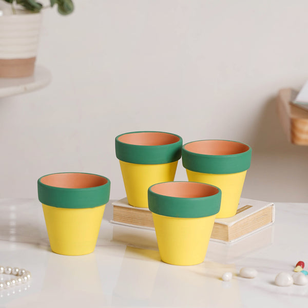 Green Rim Yellow Clay Pot Set Of 4 - Indoor planters and flower pots | Home decor items