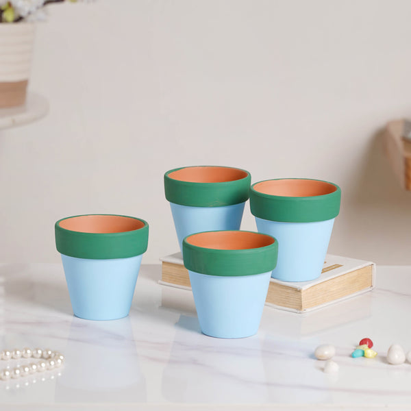 Green Rim Light Blue Clay Pot Set Of 4 - Indoor planters and flower pots | Home decor items