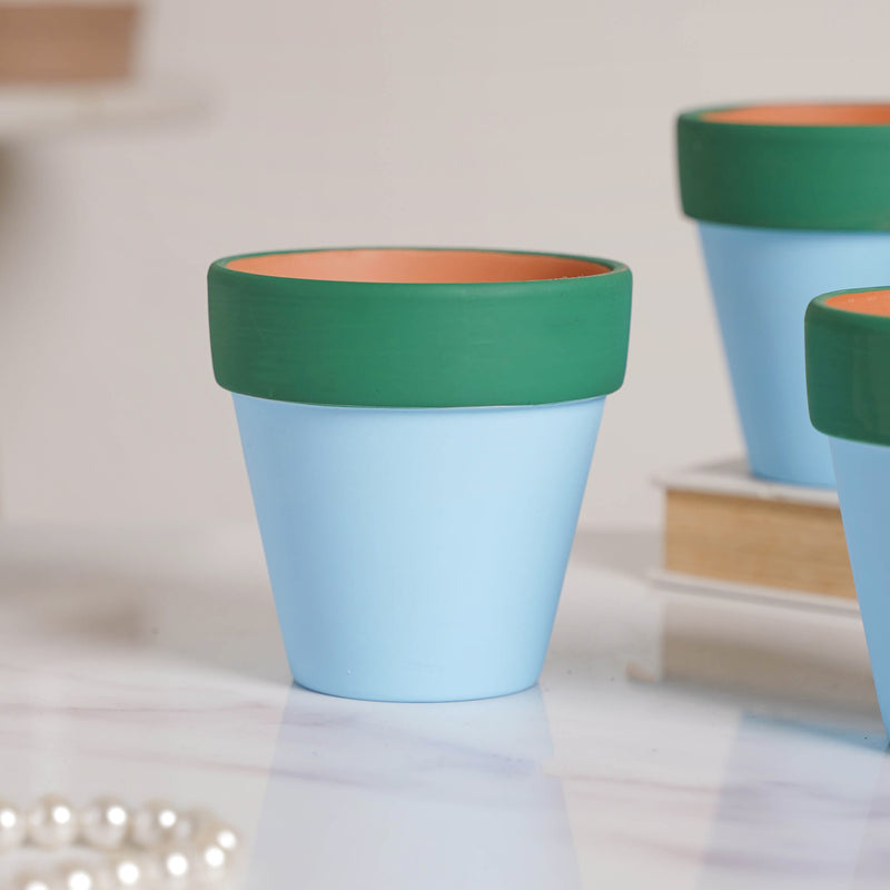 Green Rim Light Blue Clay Pot Set Of 4 - Indoor planters and flower pots | Home decor items