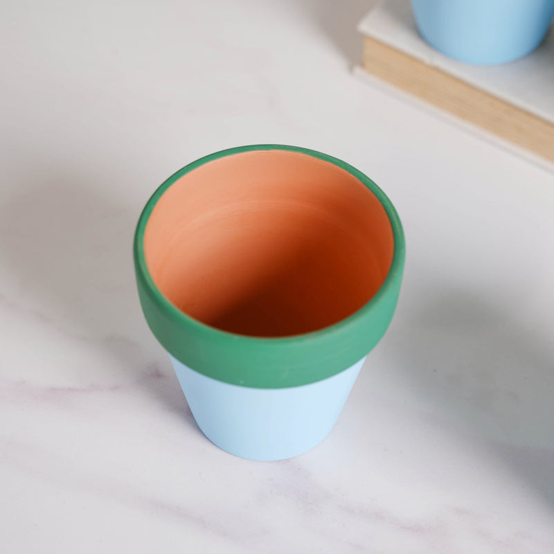 Green Rim Light Blue Clay Pot Set Of 4 - Indoor planters and flower pots | Home decor items