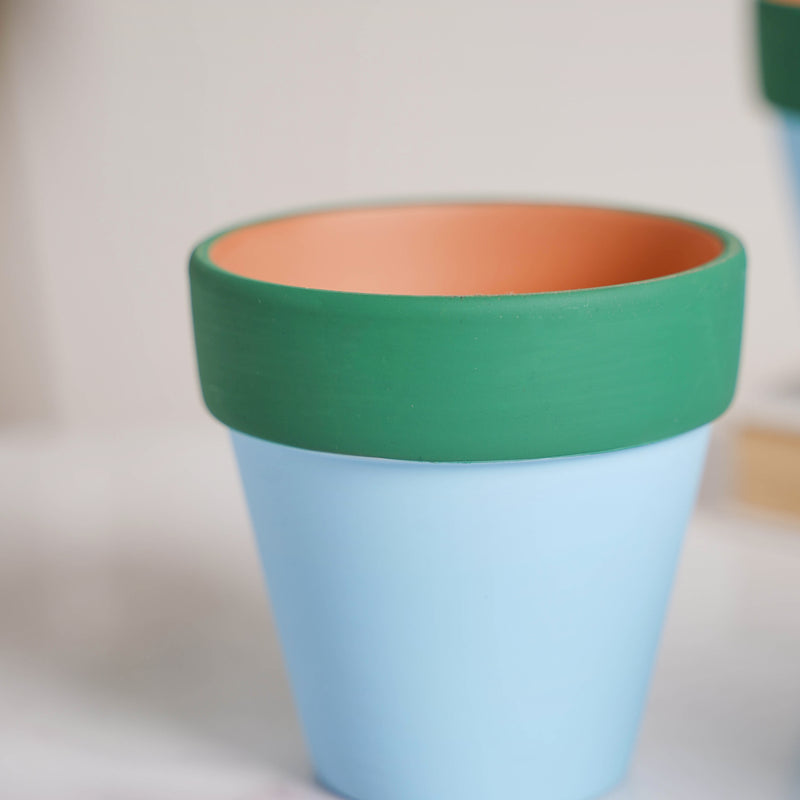 Green Rim Light Blue Clay Pot Set Of 4 - Indoor planters and flower pots | Home decor items