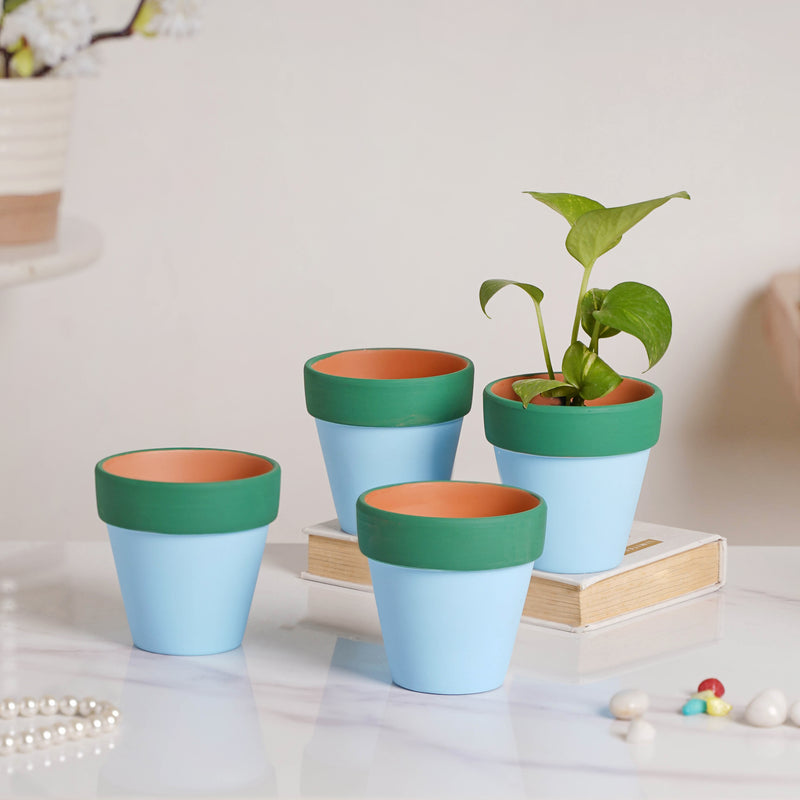 Green Rim Light Blue Clay Pot Set Of 4 - Indoor planters and flower pots | Home decor items