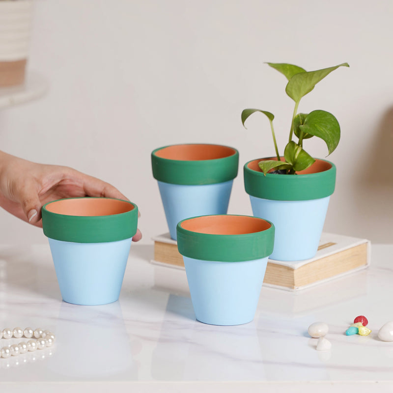 Green Rim Light Blue Clay Pot Set Of 4 - Indoor planters and flower pots | Home decor items