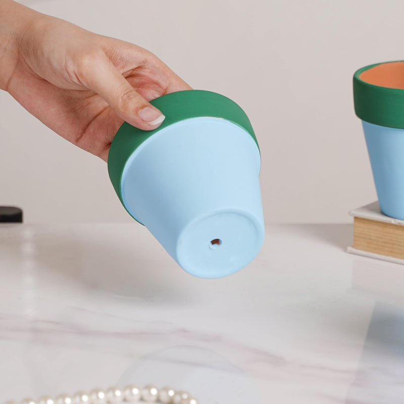 Green Rim Light Blue Clay Pot Set Of 4 - Indoor planters and flower pots | Home decor items