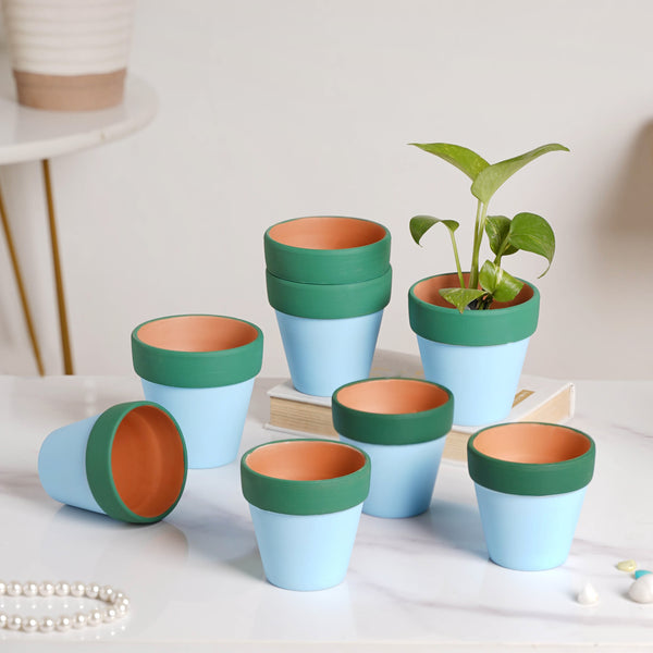 Green Rim Light Blue Clay Pot Set Of 4 - Indoor planters and flower pots | Home decor items