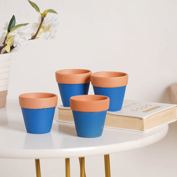 Blue Mini Clay Pot Set Of 4 - Indoor planters and flower pots | Home decor items