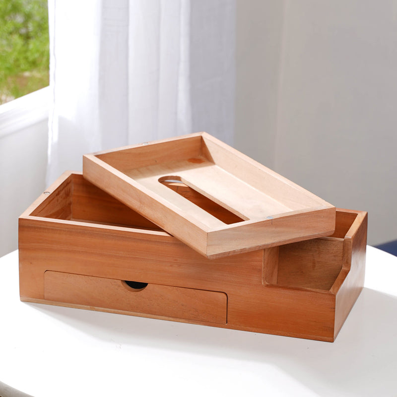 Wooden Tissue Box And 3 Shelf Desk Organiser - Tissue box and organizer | Home and room decor items