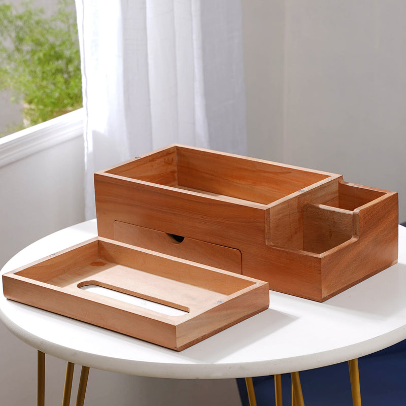Wooden Tissue Box And 3 Shelf Desk Organiser - Tissue box and organizer | Home and room decor items