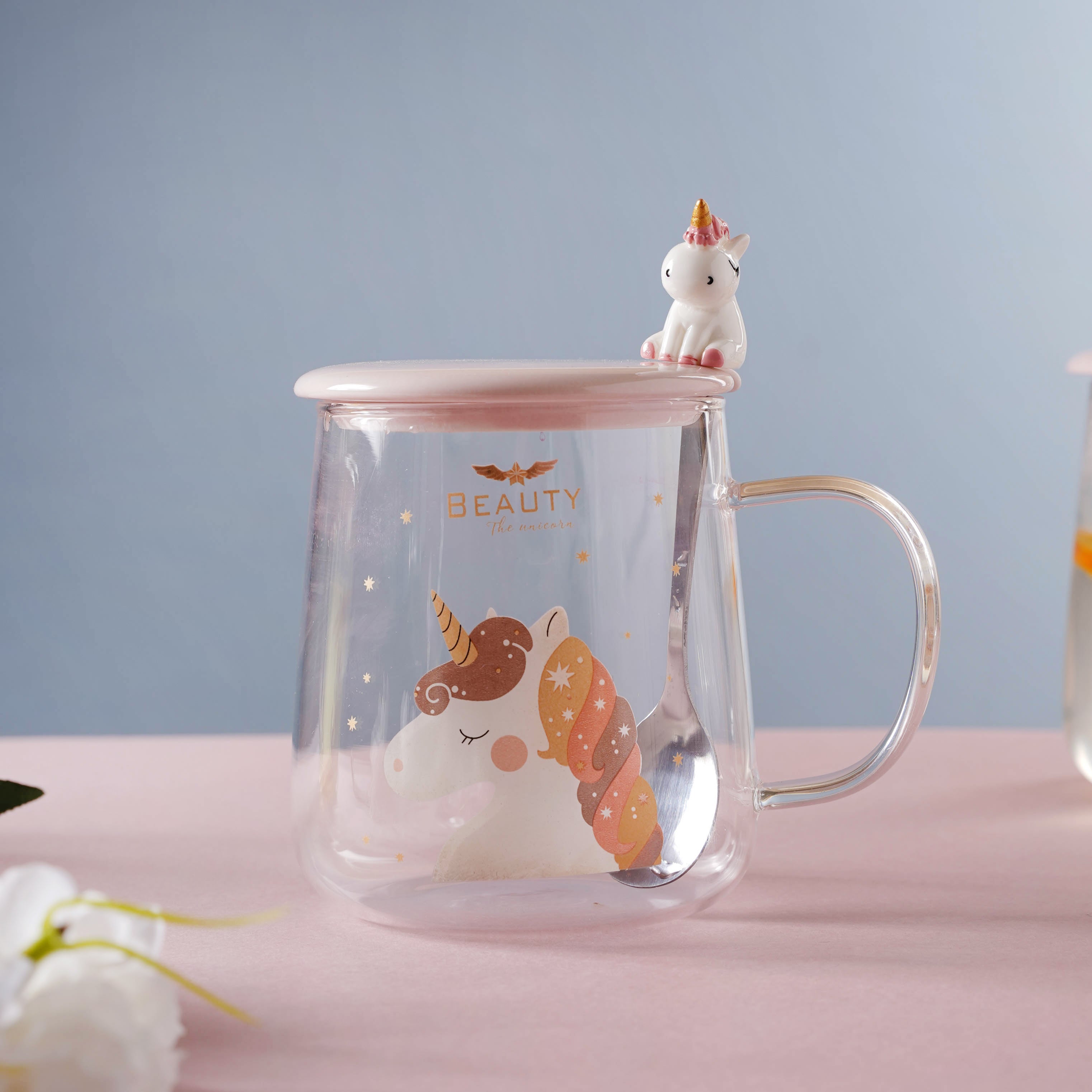 Cute unicorn transparent glass cup with lid spoon