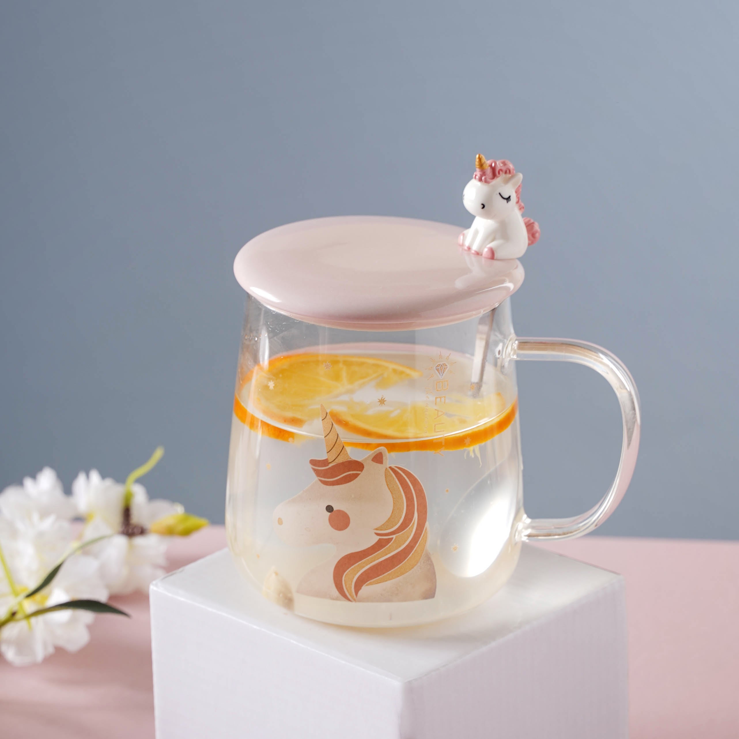 Cute unicorn transparent glass cup with lid spoon