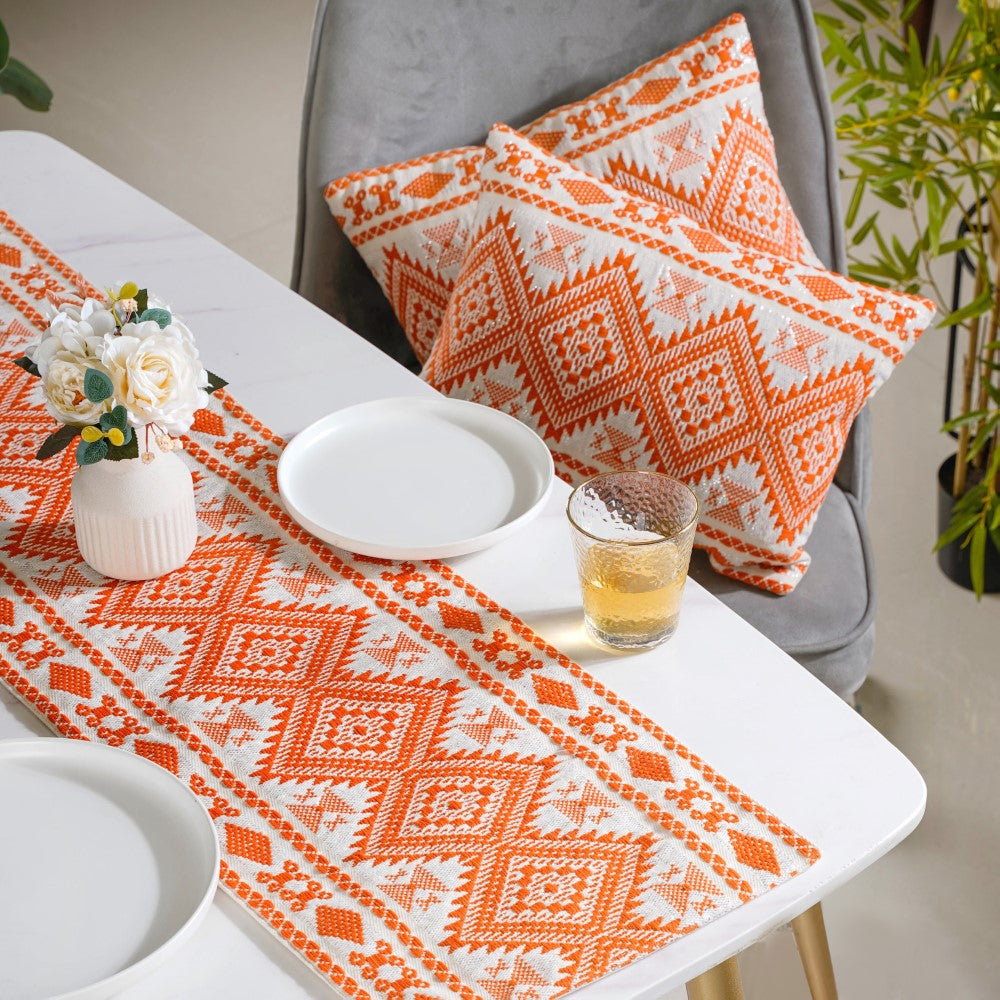 Festive Jacquard Cushion Cover And Runner Orange Set Of 3 Online Premium Cushion Cover Nestasia