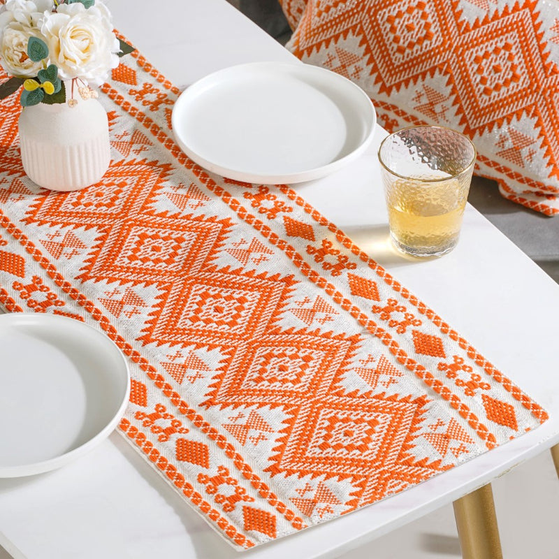 Embroidered Cushion Cover And Runner Orange Set Of 3