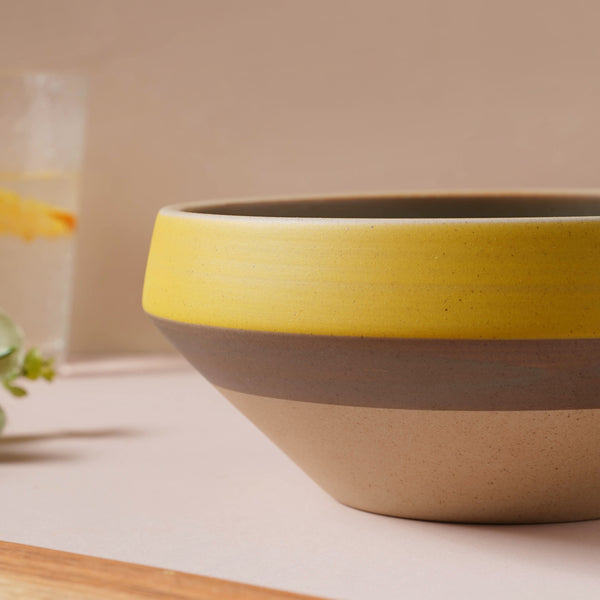 Soboku Grey And Yellow Large Serving Bowl 7.5 Inch 1.3 L - Bowl, ceramic bowl, serving bowls, noodle bowl, salad bowls, bowl for snacks, large serving bowl | Bowls for dining table & home decor