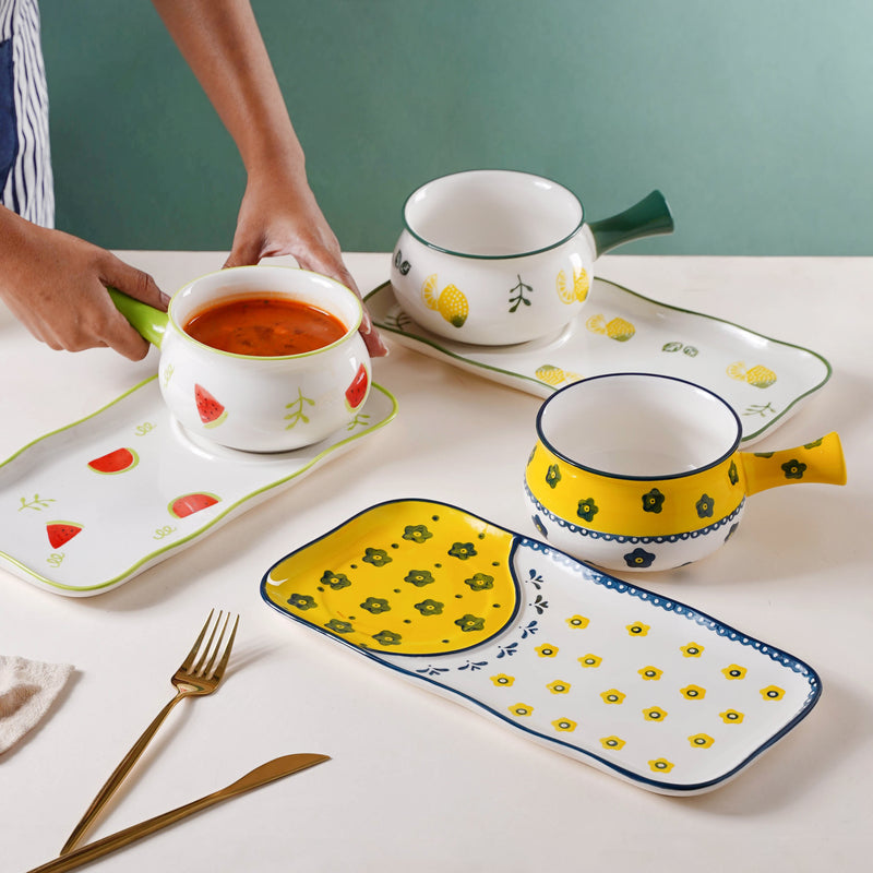 Printed Pot and Plate Set - Soup bowl, serving bowl set, noodle bowl, plates and bowls | Bowls for dining table & home decor