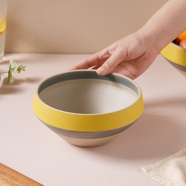 Soboku Grey And Yellow Small Serving Bowl 6.5 Inch 1 L - Bowl, ceramic bowl, serving bowls, noodle bowl, salad bowls, bowl for snacks, large serving bowl | Bowls for dining table & home decor