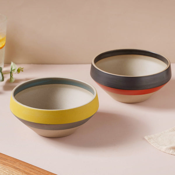 Soboku Grey And Yellow Small Serving Bowl 6.5 Inch 1 L - Bowl, ceramic bowl, serving bowls, noodle bowl, salad bowls, bowl for snacks, large serving bowl | Bowls for dining table & home decor