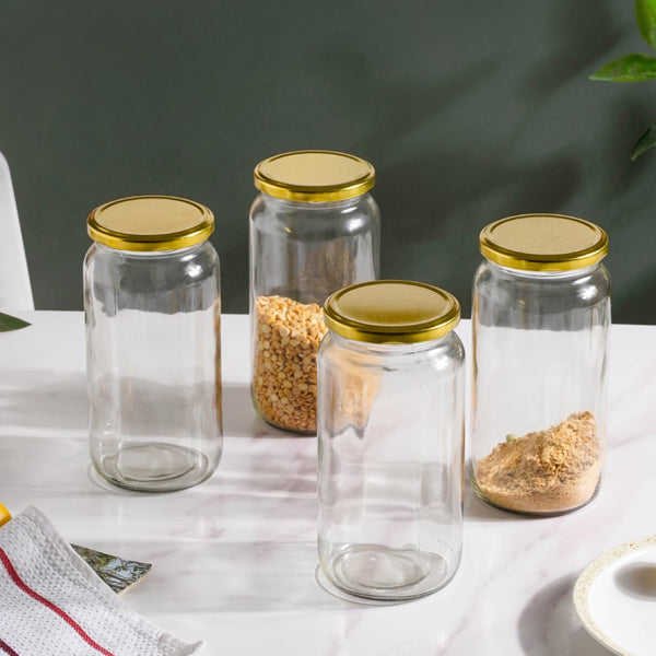 Glass Kitchen Storage Jar With Gold Lid Set Of 4 950ml