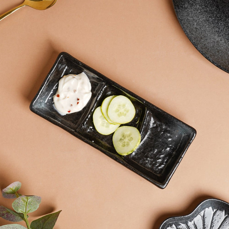 Onyx Finish Stoneware 3 Section Dip Plate - Bowl, ceramic bowl, dip bowls, chutney bowl, dip bowls ceramic | Bowls for dining table & home decor 