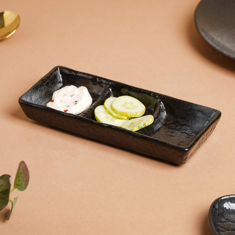 Onyx Finish Stoneware 3 Section Dip Plate - Bowl, ceramic bowl, dip bowls, chutney bowl, dip bowls ceramic | Bowls for dining table & home decor 